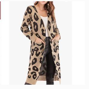 Vestidos Womens Leopard Duster Open Cardigan Sweater Tan Black Animal Print sz S